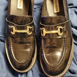 Steve Madden Lando Black Patent Loafers with Gold Horsebit